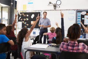 School kids raising hands in elementary school class